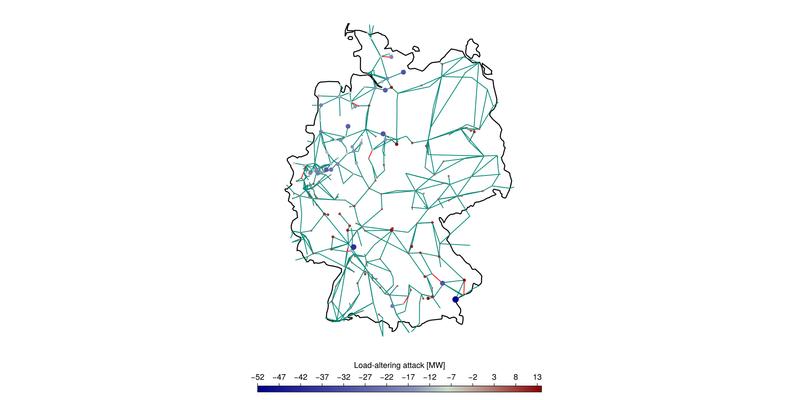 Karte von Deutschland, die den lastverändernden Angriff im Übertragungsnetz zeigt (Abbildung aus der Veröffentlichung).