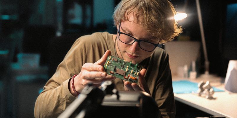 A man leans forward, holding a circuit board in front of his face and looking at it intently.
