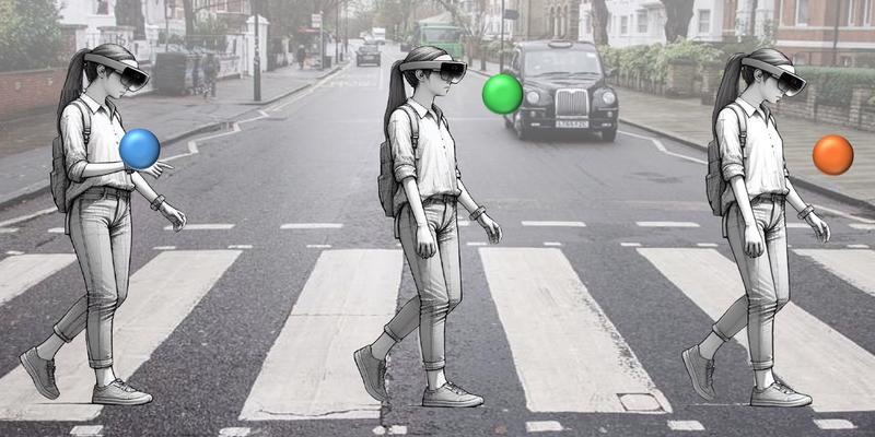 Bild von drei Frauen, die durch eine Stadt gehen und dabei durch eine AR-Brille schauen.