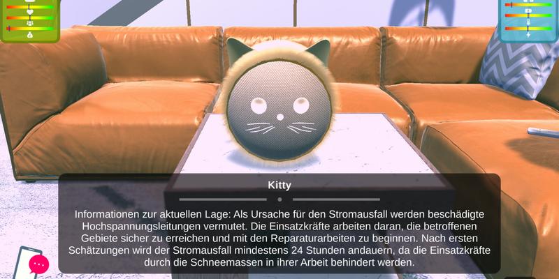 Smart Speaker Kitty informiert über den Schneesturm.