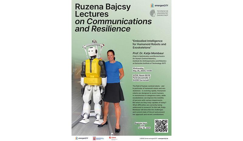 Plakat der Veranstaltungen mit Foto von Katja Mombaur und Roboter sowie Ankündigungstext und Daten
