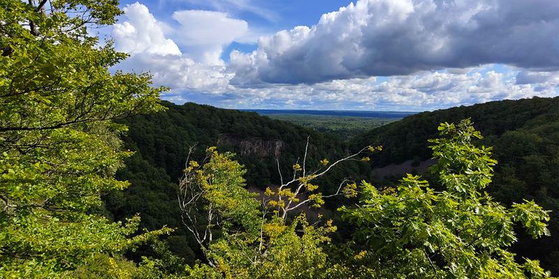The photo was taken in the mountains. A forest stretches all the way to the horizon, and the blue sky is slightly cloudy.